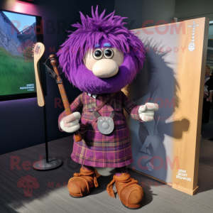 Purple Bagpipe mascot costume character dressed with a Board Shorts and Hairpins