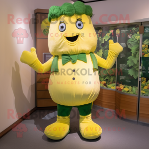 Yellow Broccoli mascot costume character dressed with a Henley Shirt and Belts