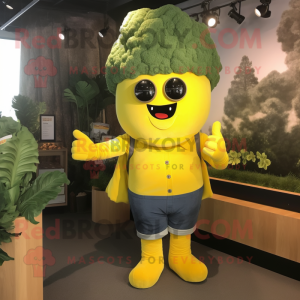 Yellow Broccoli mascot costume character dressed with a Henley Shirt and Belts