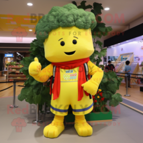 Yellow Broccoli mascot costume character dressed with a Henley Shirt and Belts