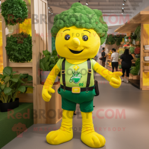 Yellow Broccoli mascot costume character dressed with a Henley Shirt and Belts