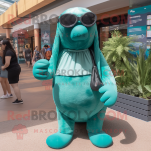 Teal Walrus mascot costume character dressed with a Leggings and Sunglasses