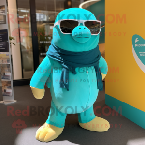 Teal Walrus mascot costume character dressed with a Leggings and Sunglasses