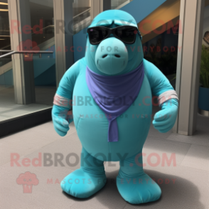 Teal Walrus mascot costume character dressed with a Leggings and Sunglasses