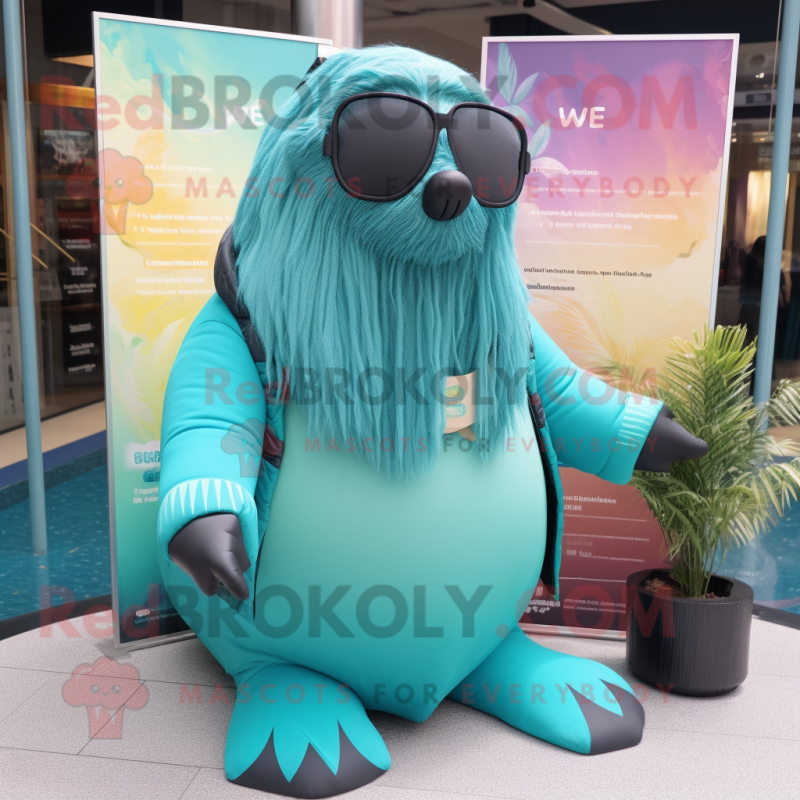 Teal Walrus mascot costume character dressed with a Leggings and Sunglasses