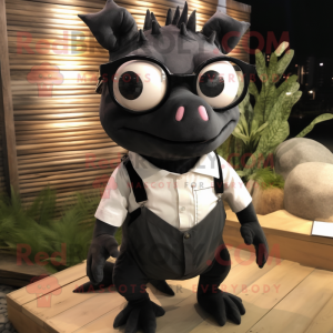 Black Axolotls mascot costume character dressed with a Poplin Shirt and Eyeglasses