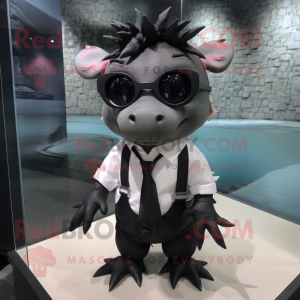 Black Axolotls mascot costume character dressed with a Poplin Shirt and Eyeglasses