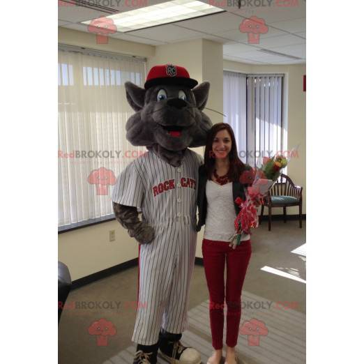 Mascotte de chat gris en tenue de baseball - Redbrokoly.com