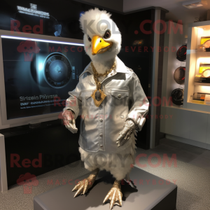 Silver Chicken mascot costume character dressed with a Jacket and Necklaces