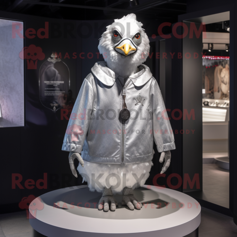Silver Chicken mascot costume character dressed with a Jacket and Necklaces Silver Chicken mascot costume character dressed with a Jacket and Necklaces