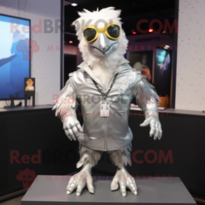 Silver Chicken mascot costume character dressed with a Jacket and Necklaces