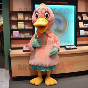 Peach Dodo Bird mascot costume character dressed with a Hoodie and Coin purses
