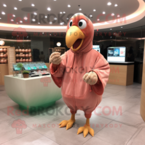 Peach Dodo Bird mascot costume character dressed with a Hoodie and Coin purses