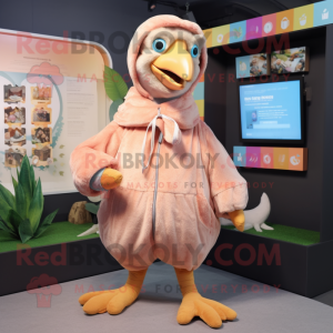 Peach Dodo Bird mascot costume character dressed with a Hoodie and Coin purses
