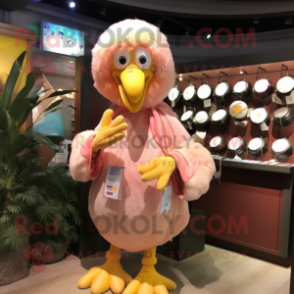 Peach Dodo Bird mascot costume character dressed with a Hoodie and Coin purses