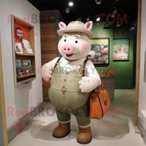 Beige Pig mascot costume character dressed with a Henley Tee and Handbags