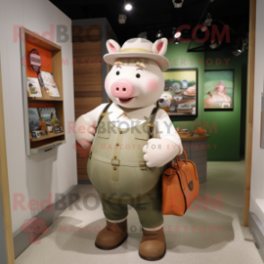 Beige Pig mascot costume character dressed with a Henley Tee and Handbags