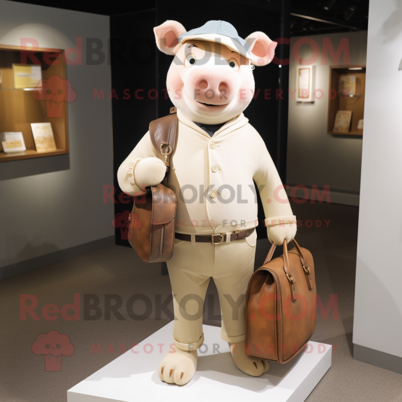 Beige Pig mascot costume character dressed with a Henley Tee and Handbags