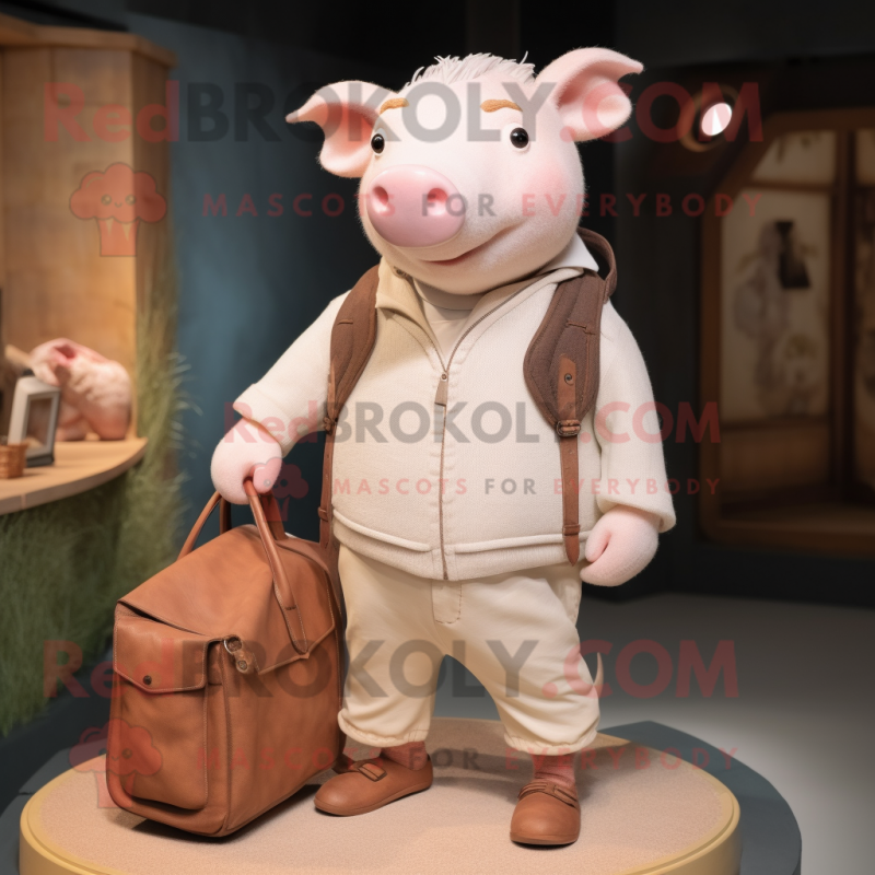 Beige Pig mascot costume character dressed with a Henley Tee and Handbags Beige Pig mascot costume character dressed with a Henley Tee and Handbags