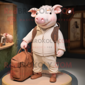 Beige Pig mascot costume character dressed with a Henley Tee and Handbags