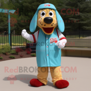 Turquoise Hot Dogs mascot costume character dressed with a Baseball Tee and Ties