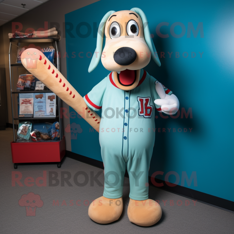 Turquoise Hot Dogs mascot costume character dressed with a Baseball Tee and Ties Turquoise Hot Dogs mascot costume character dressed with a Baseball Tee and Ties