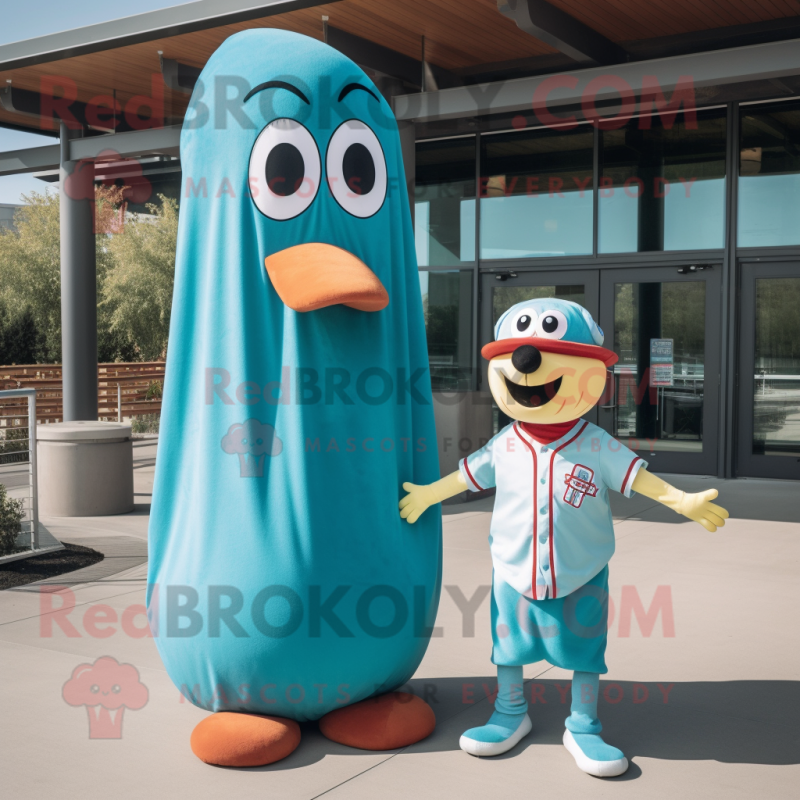 Turquoise Hot Dogs mascot costume character dressed with a Baseball Tee and Ties Turquoise Hot Dogs mascot costume character dressed with a Baseball Tee and Ties