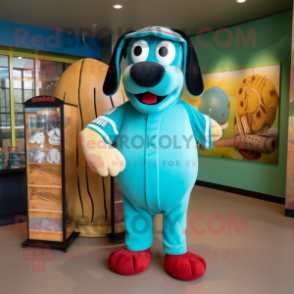 Turquoise Hot Dogs mascot costume character dressed with a Baseball Tee and Ties