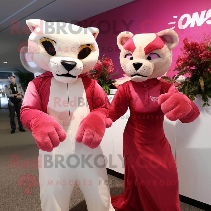 Magenta Puma mascot costume character dressed with a Wedding Dress and Backpacks