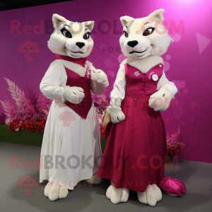 Magenta Puma mascot costume character dressed with a Wedding Dress and Backpacks