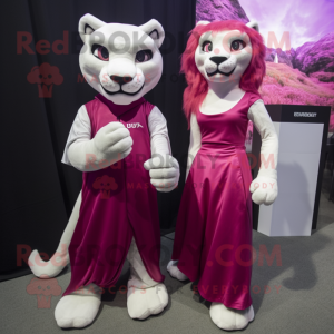 Magenta Puma mascot costume character dressed with a Wedding Dress and Backpacks