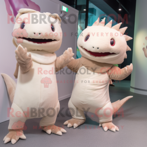 Beige Axolotls mascot costume character dressed with a Bodysuit and Mittens