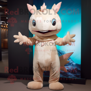 Beige Axolotls mascot costume character dressed with a Bodysuit and Mittens