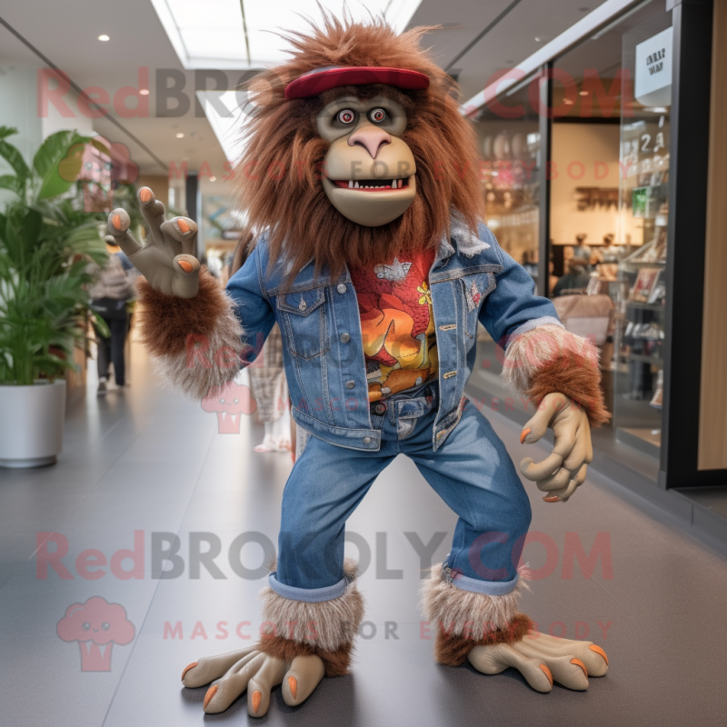 Rust Baboon mascot costume character dressed with a Boyfriend Jeans and Anklets Rust Baboon mascot costume character dressed with a Boyfriend Jeans and Anklets