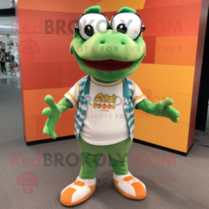 Peach Crocodile mascot costume character dressed with a Graphic Tee and Eyeglasses