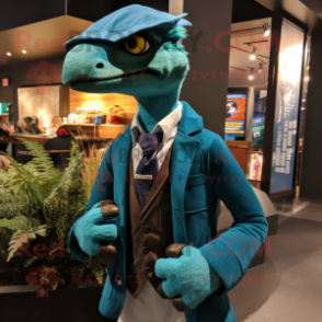 Teal Utahraptor mascot costume character dressed with a Jacket and Pocket squares