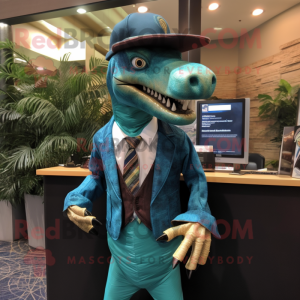 Teal Utahraptor mascot costume character dressed with a Jacket and Pocket squares