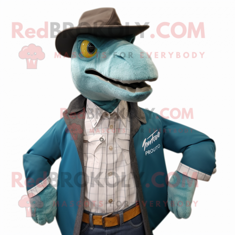 Teal Utahraptor mascot costume character dressed with a Jacket and Pocket squares