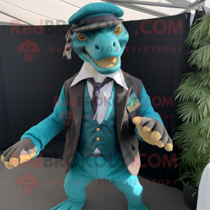Teal Utahraptor mascot costume character dressed with a Jacket and Pocket squares