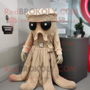 Beige Kraken mascot costume character dressed with a Maxi Dress and Berets