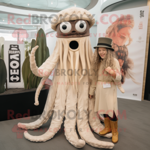 Beige Kraken mascot costume character dressed with a Maxi Dress and Berets