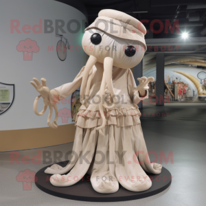Beige Kraken mascot costume character dressed with a Maxi Dress and Berets