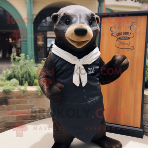 Black Otter mascot costume character dressed with a Oxford Shirt and Shawl pins
