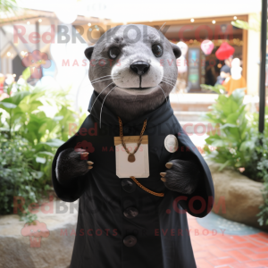 Black Otter mascot costume character dressed with a Oxford Shirt and Shawl pins