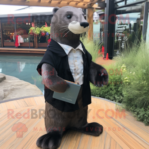 Black Otter mascot costume character dressed with a Oxford Shirt and Shawl pins