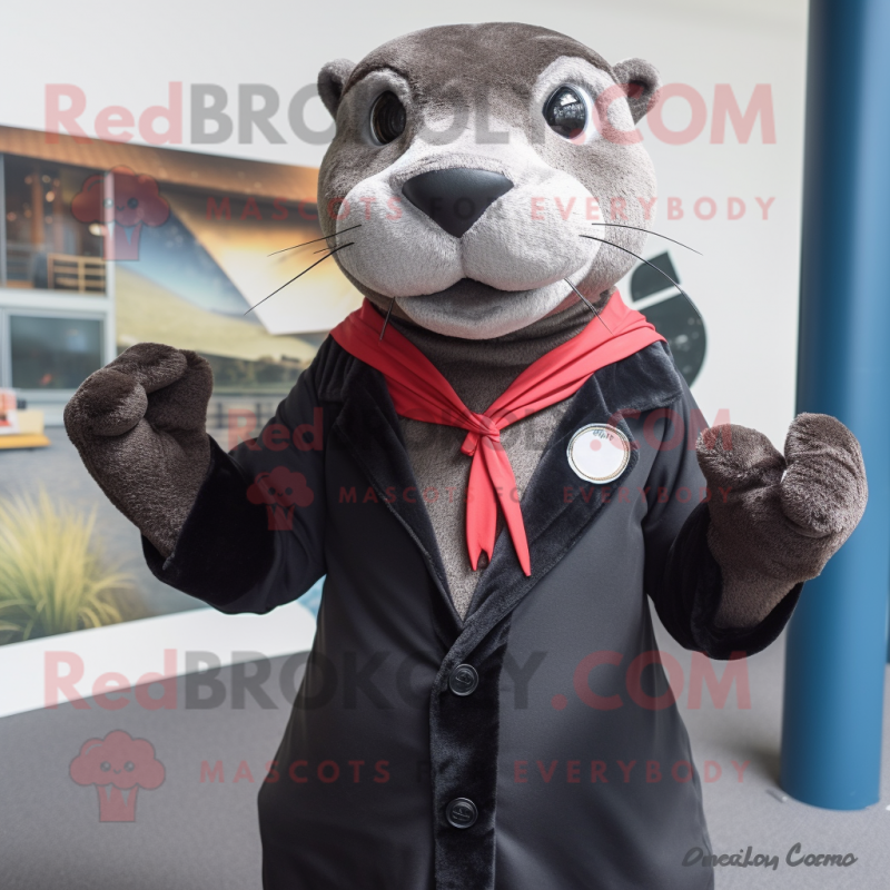 Black Otter mascot costume character dressed with a Oxford Shirt and Shawl pins