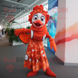 Red Clown Fish mascot costume character dressed with a A-Line Dress and Scarves