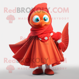 Red Clown Fish mascot costume character dressed with a A-Line Dress and Scarves