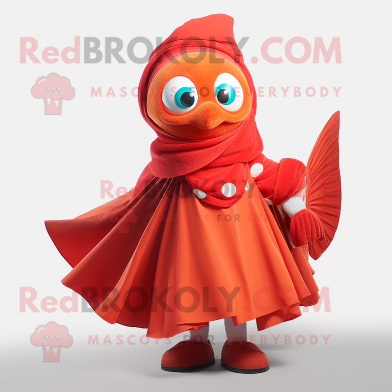 Red Clown Fish mascot costume character dressed with a A-Line Dress and Scarves