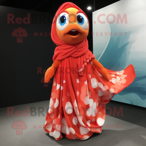 Red Clown Fish mascot costume character dressed with a A-Line Dress and Scarves